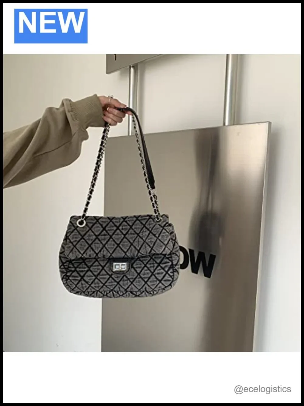 Washed Denim Quilted Tote Bag with Chain Strap